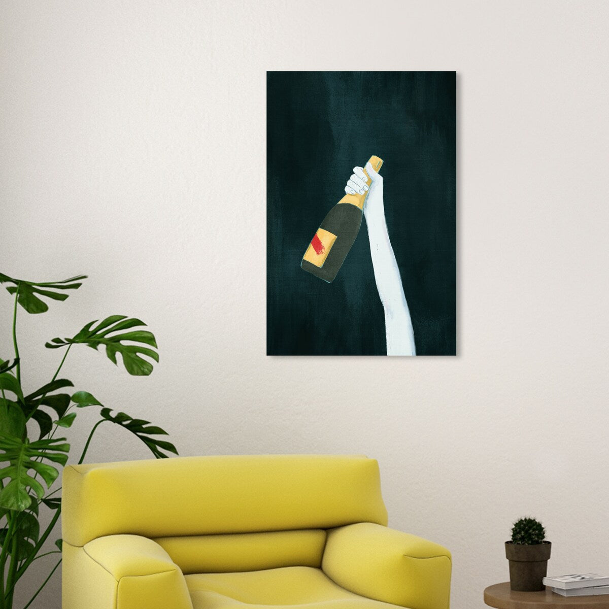 "Deep and Dark", Elegant Champagne Bottle Traditional White Canvas Wall Art Print for Dining Room