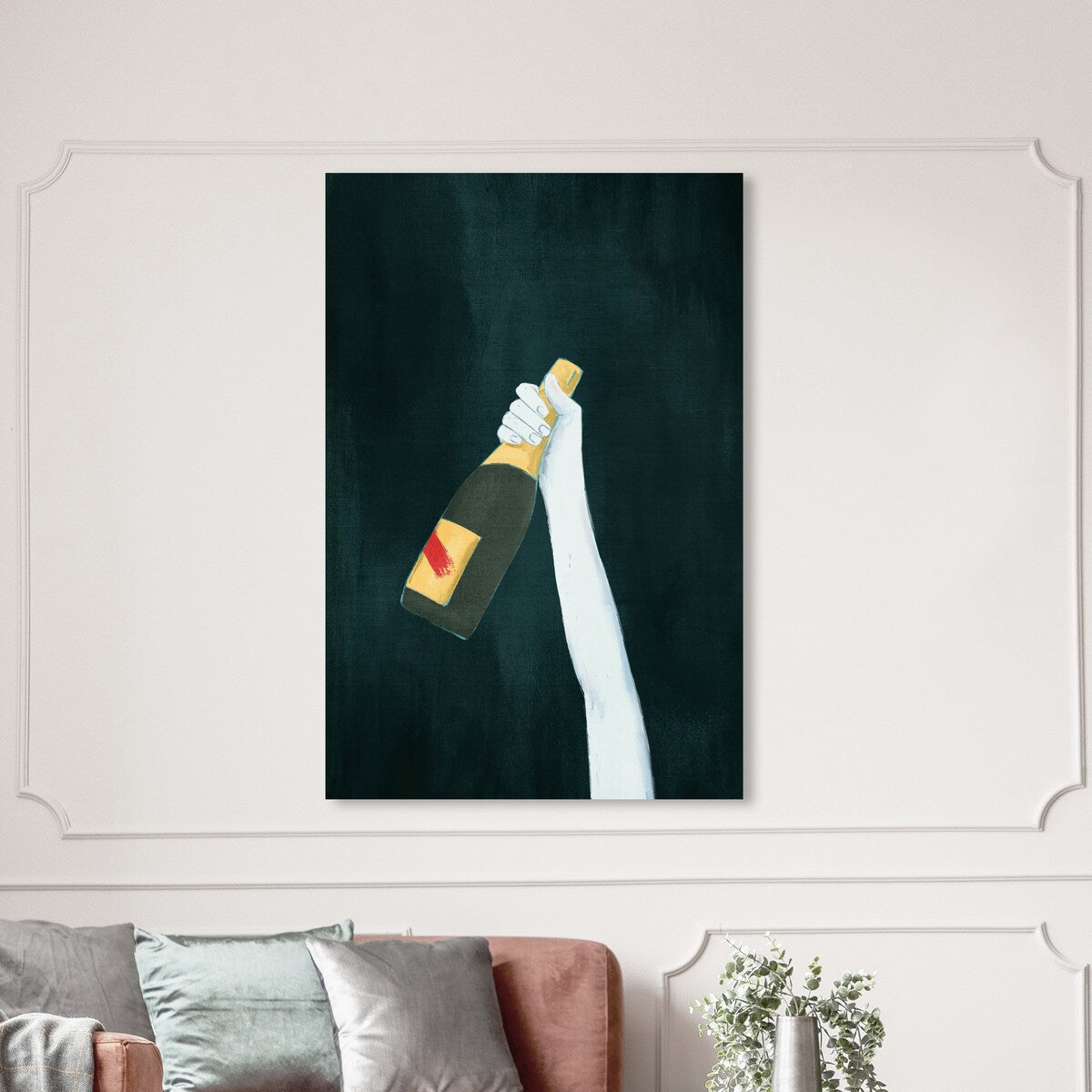 "Deep and Dark", Elegant Champagne Bottle Traditional White Canvas Wall Art Print for Dining Room