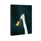 "Deep and Dark", Elegant Champagne Bottle Traditional White Canvas Wall Art Print for Dining Room