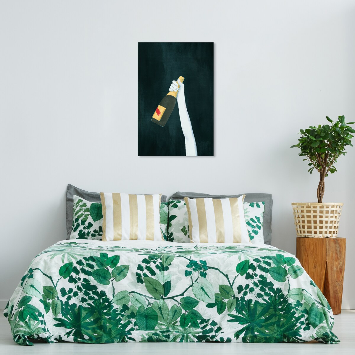 "Deep and Dark", Elegant Champagne Bottle Traditional White Canvas Wall Art Print for Dining Room