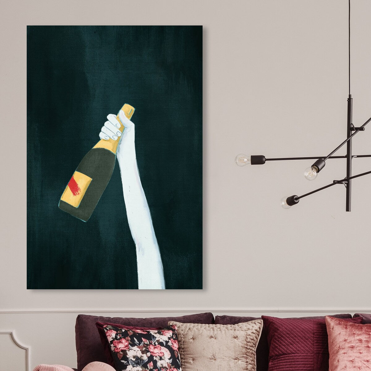 "Deep and Dark", Elegant Champagne Bottle Traditional White Canvas Wall Art Print for Dining Room