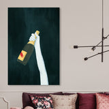 "Deep and Dark", Elegant Champagne Bottle Traditional White Canvas Wall Art Print for Dining Room