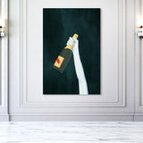 "Deep and Dark", Elegant Champagne Bottle Traditional White Canvas Wall Art Print for Dining Room