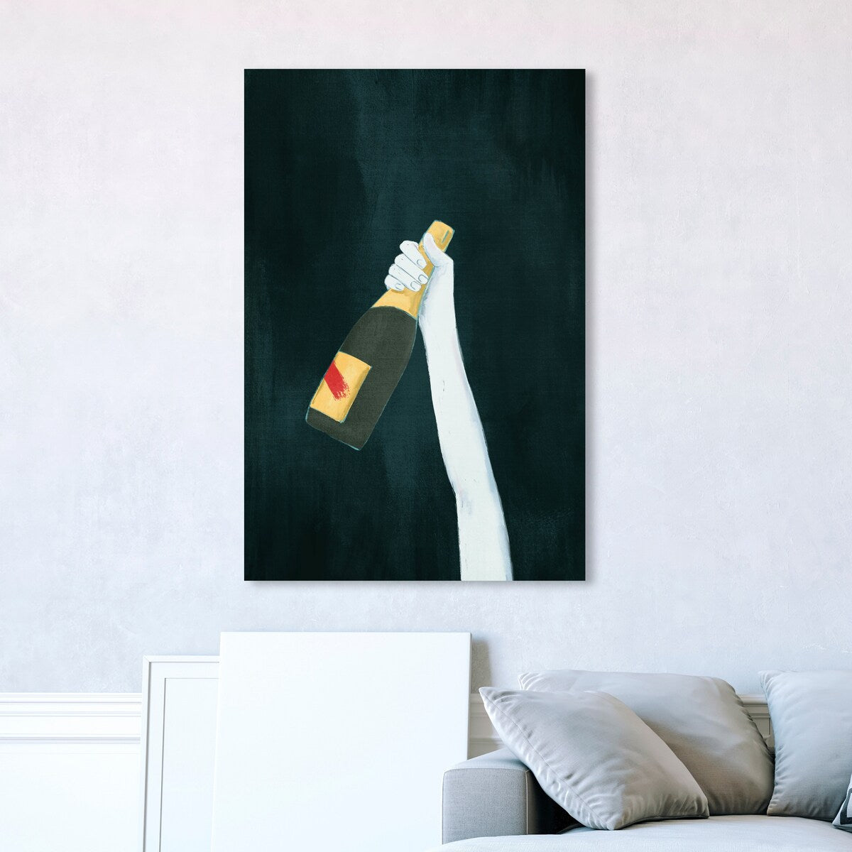 "Deep and Dark", Elegant Champagne Bottle Traditional White Canvas Wall Art Print for Dining Room