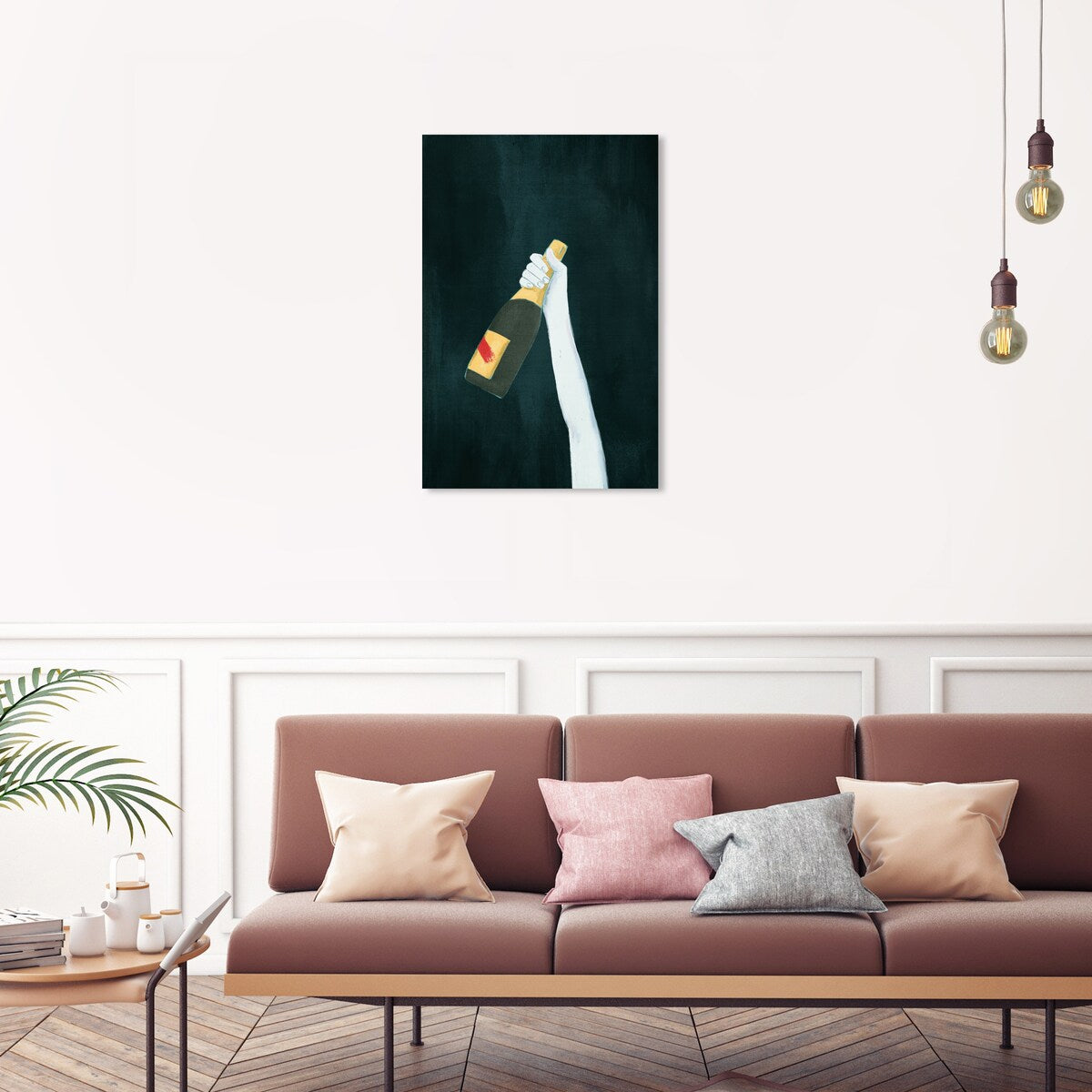 "Deep and Dark", Elegant Champagne Bottle Traditional White Canvas Wall Art Print for Dining Room