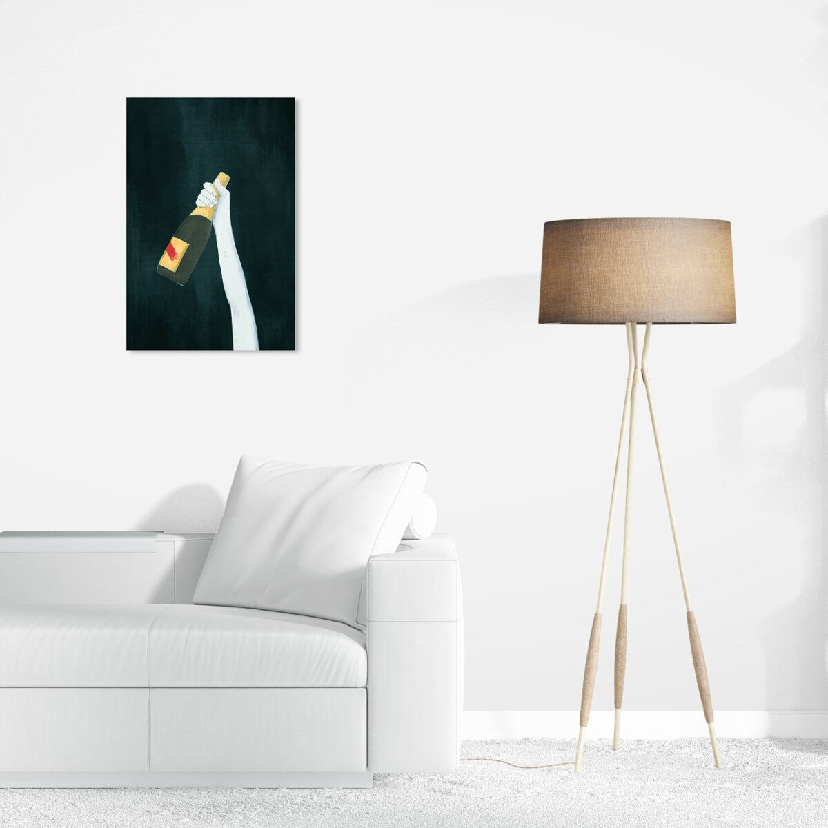 "Deep and Dark", Elegant Champagne Bottle Traditional White Canvas Wall Art Print for Dining Room