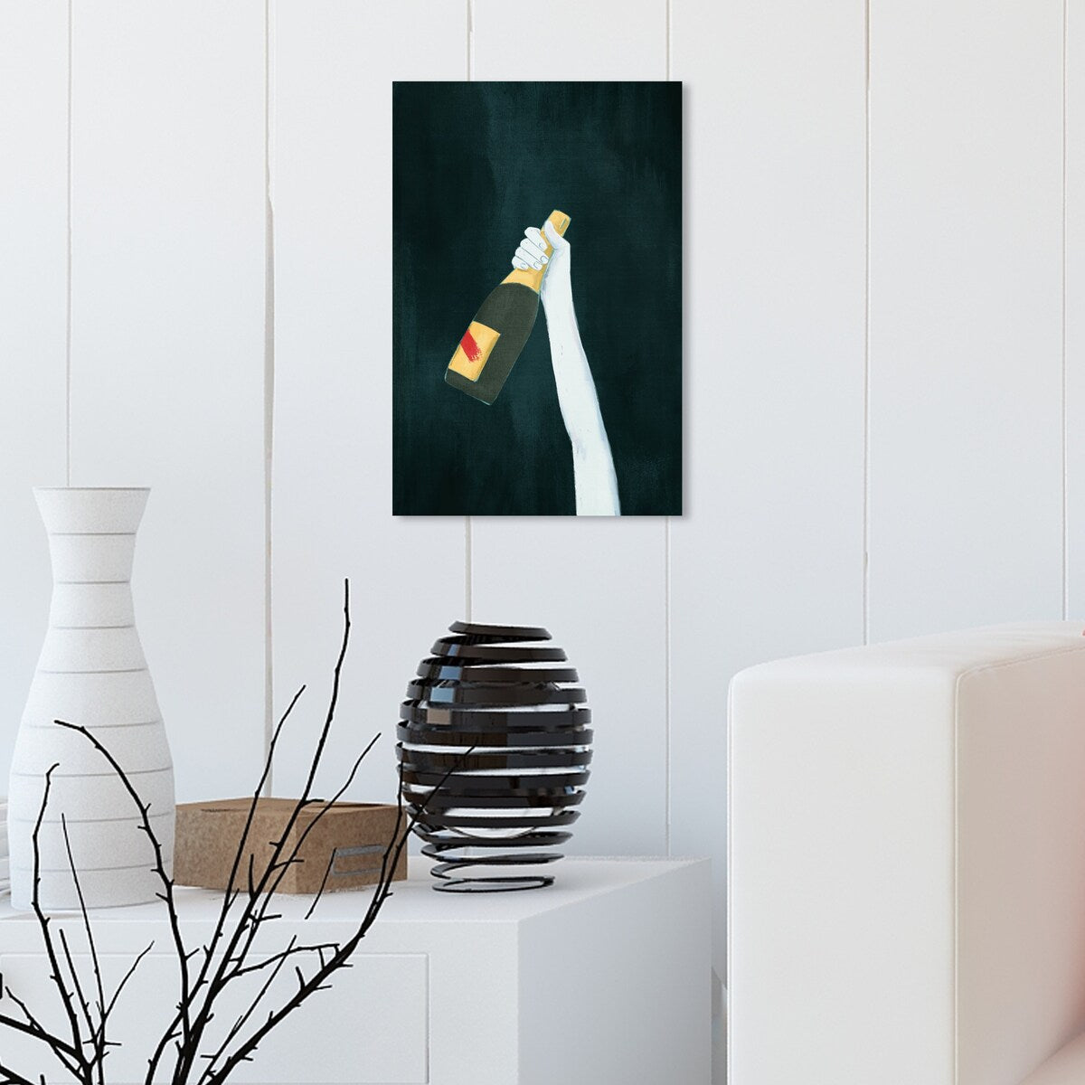 "Deep and Dark", Elegant Champagne Bottle Traditional White Canvas Wall Art Print for Dining Room