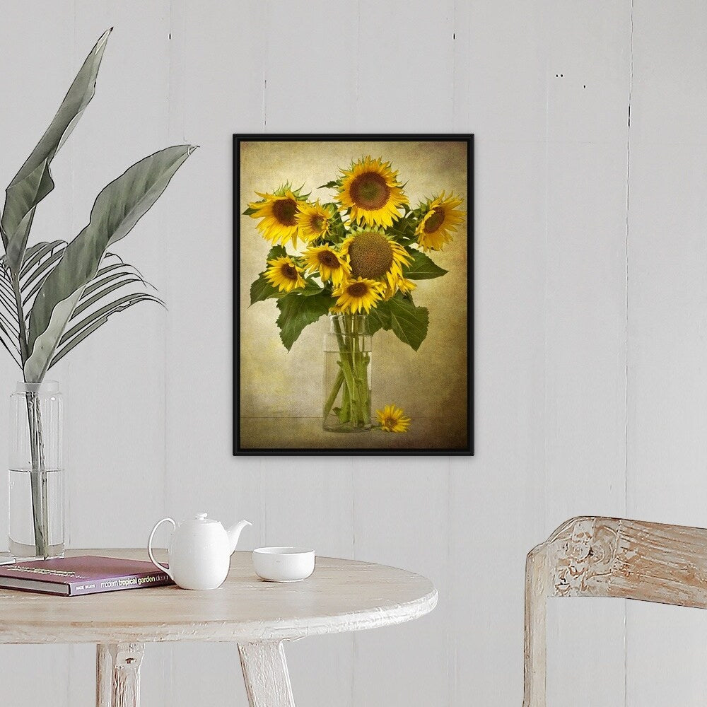 "Digital composite of a vase of sunflowers" Black Float Frame Canvas Art