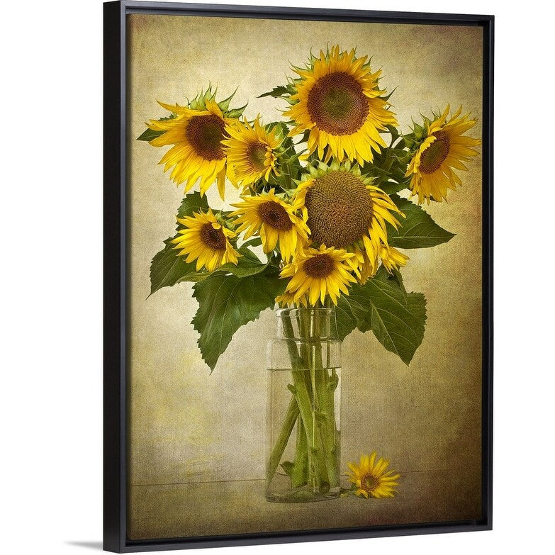 "Digital composite of a vase of sunflowers" Black Float Frame Canvas Art