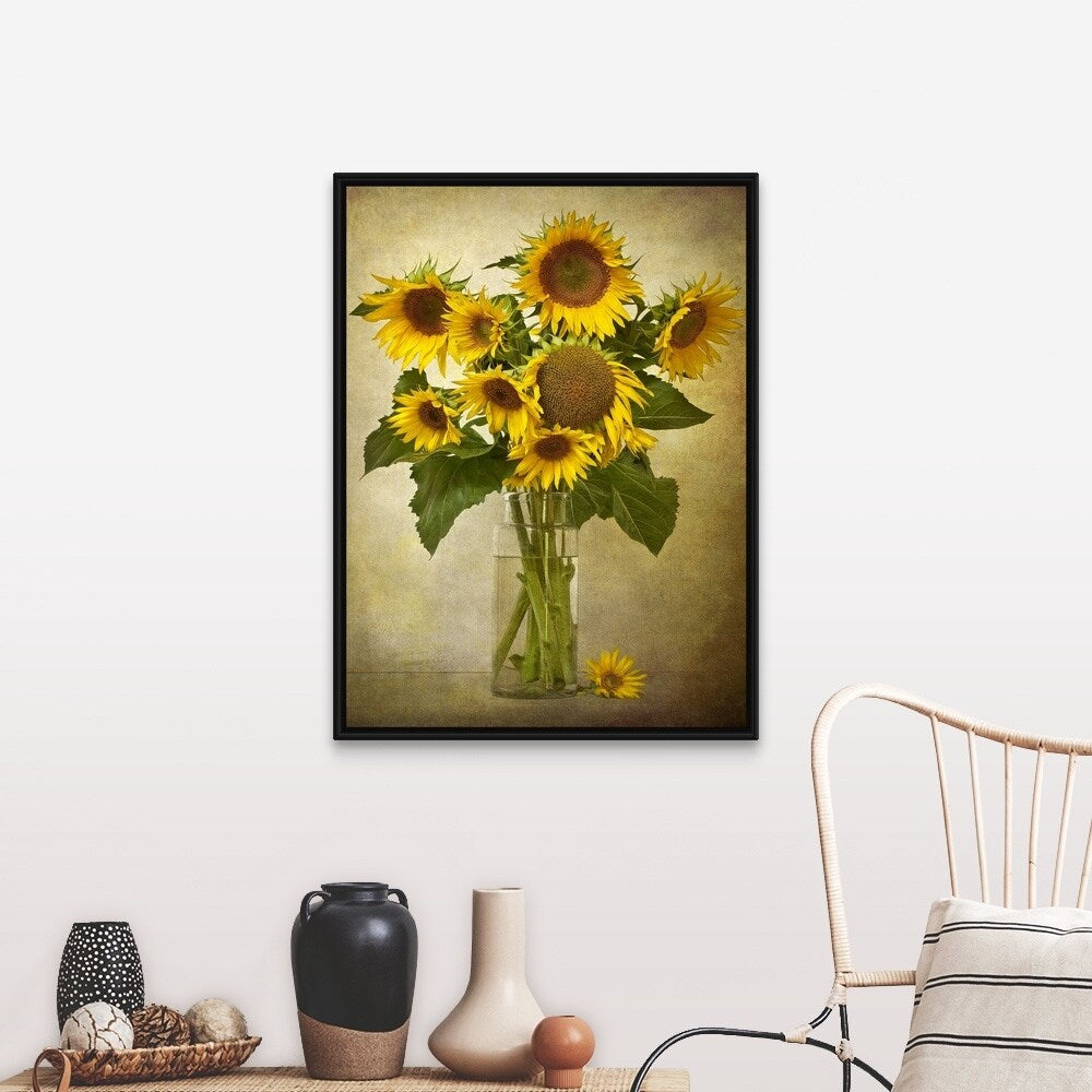 "Digital composite of a vase of sunflowers" Black Float Frame Canvas Art