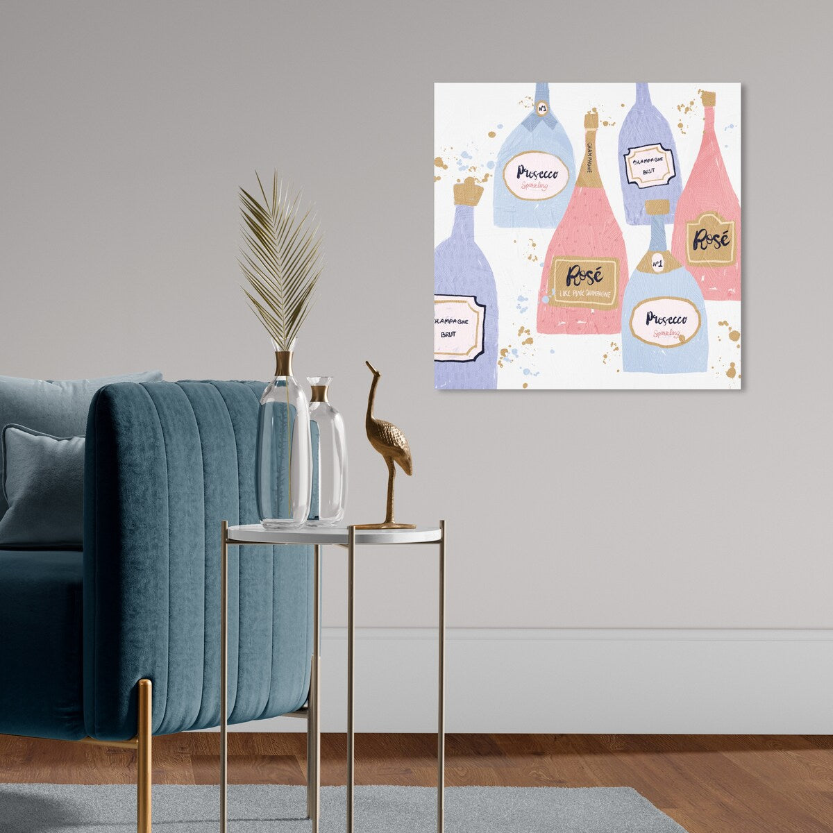 "Drinks for Both", French Sparky Bubbles Modern Pink Canvas Wall Art Print for Dining Room