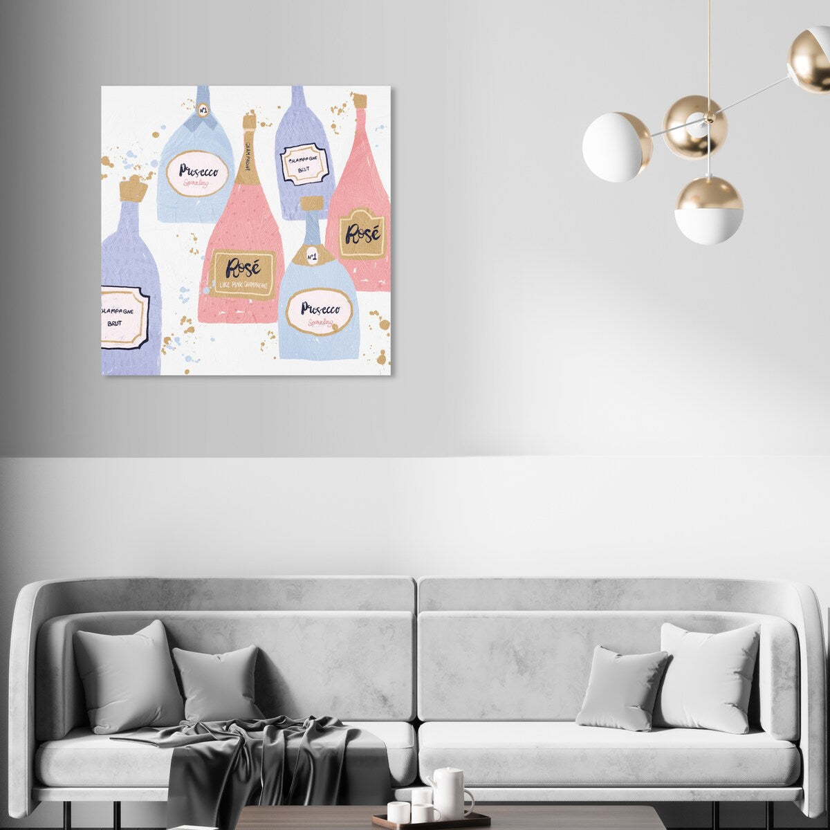 "Drinks for Both", French Sparky Bubbles Modern Pink Canvas Wall Art Print for Dining Room