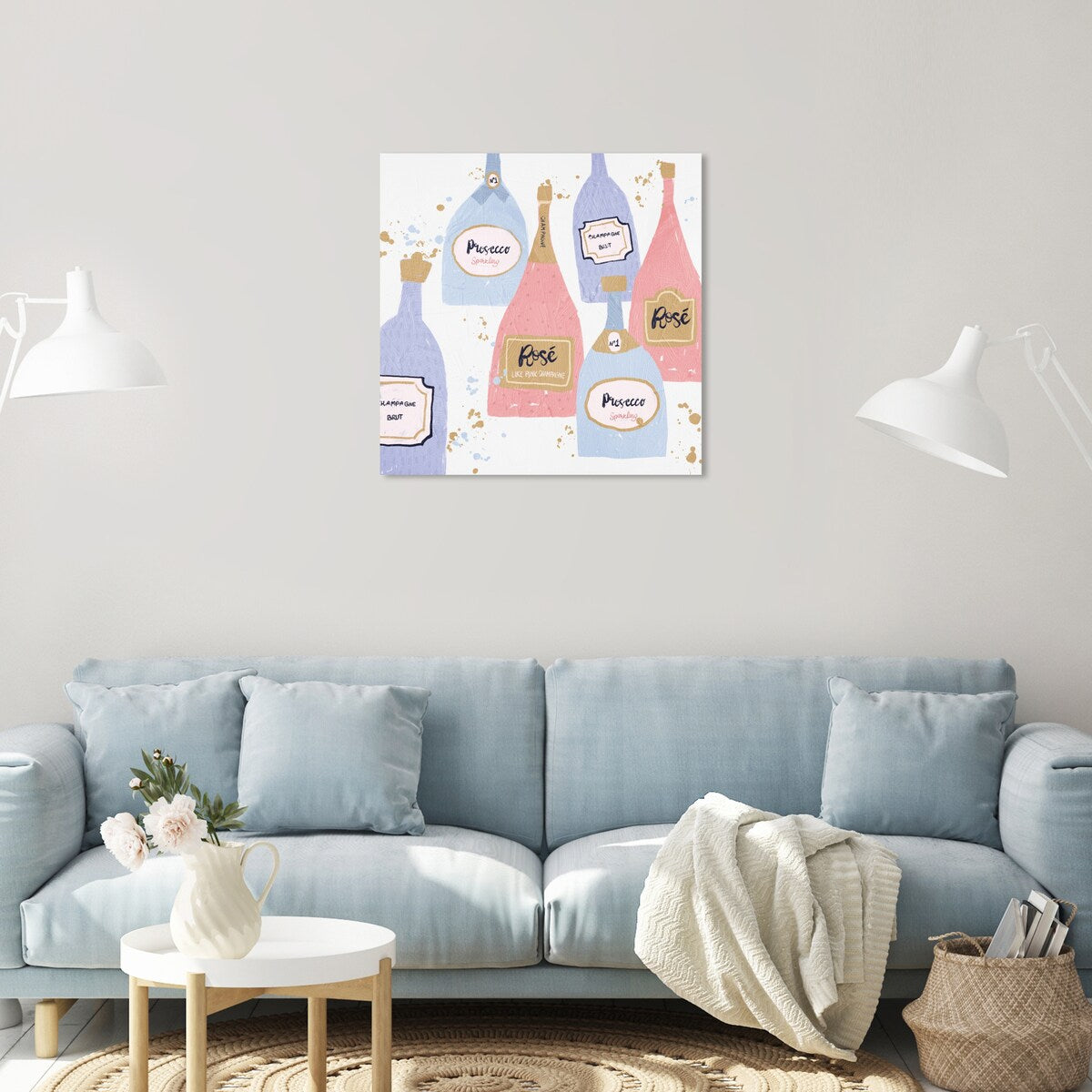 "Drinks for Both", French Sparky Bubbles Modern Pink Canvas Wall Art Print for Dining Room