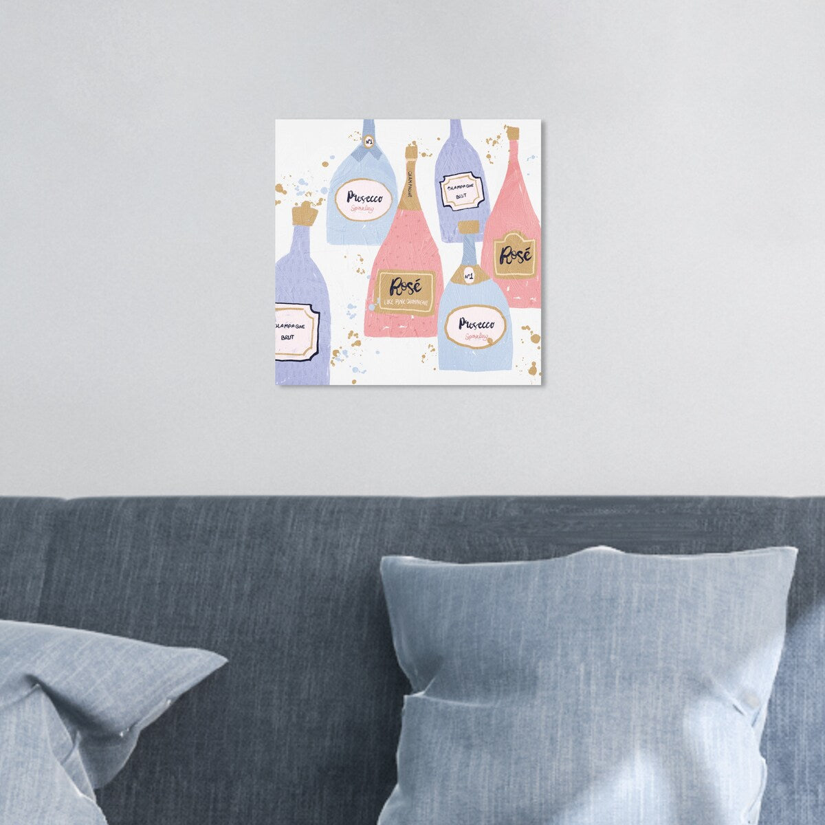 "Drinks for Both", French Sparky Bubbles Modern Pink Canvas Wall Art Print for Dining Room