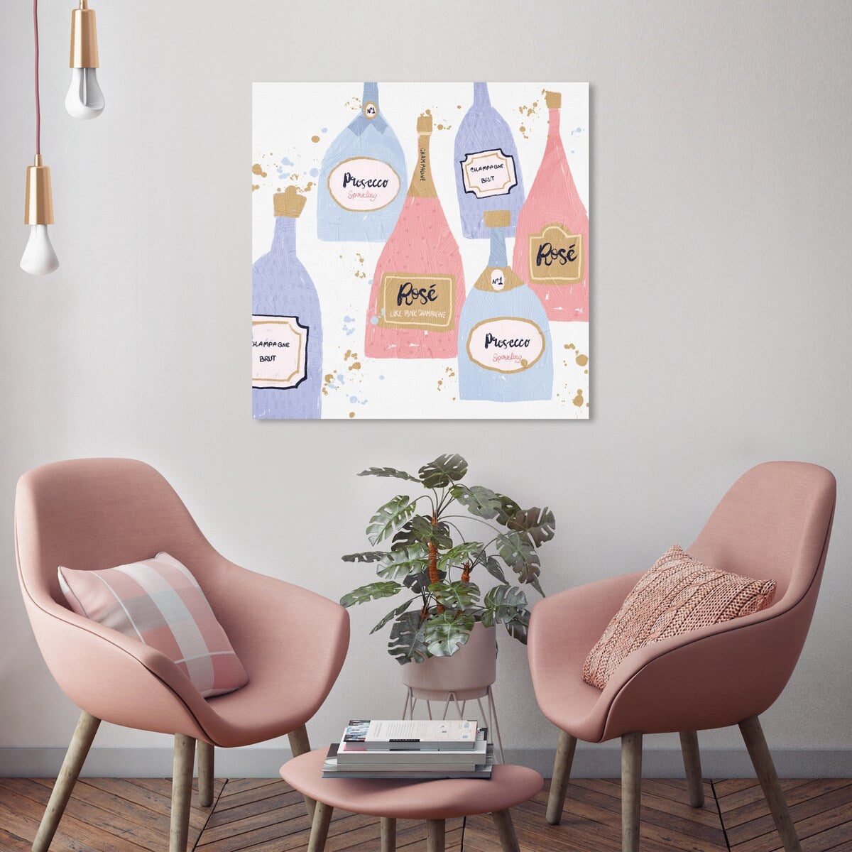 "Drinks for Both", French Sparky Bubbles Modern Pink Canvas Wall Art Print for Dining Room