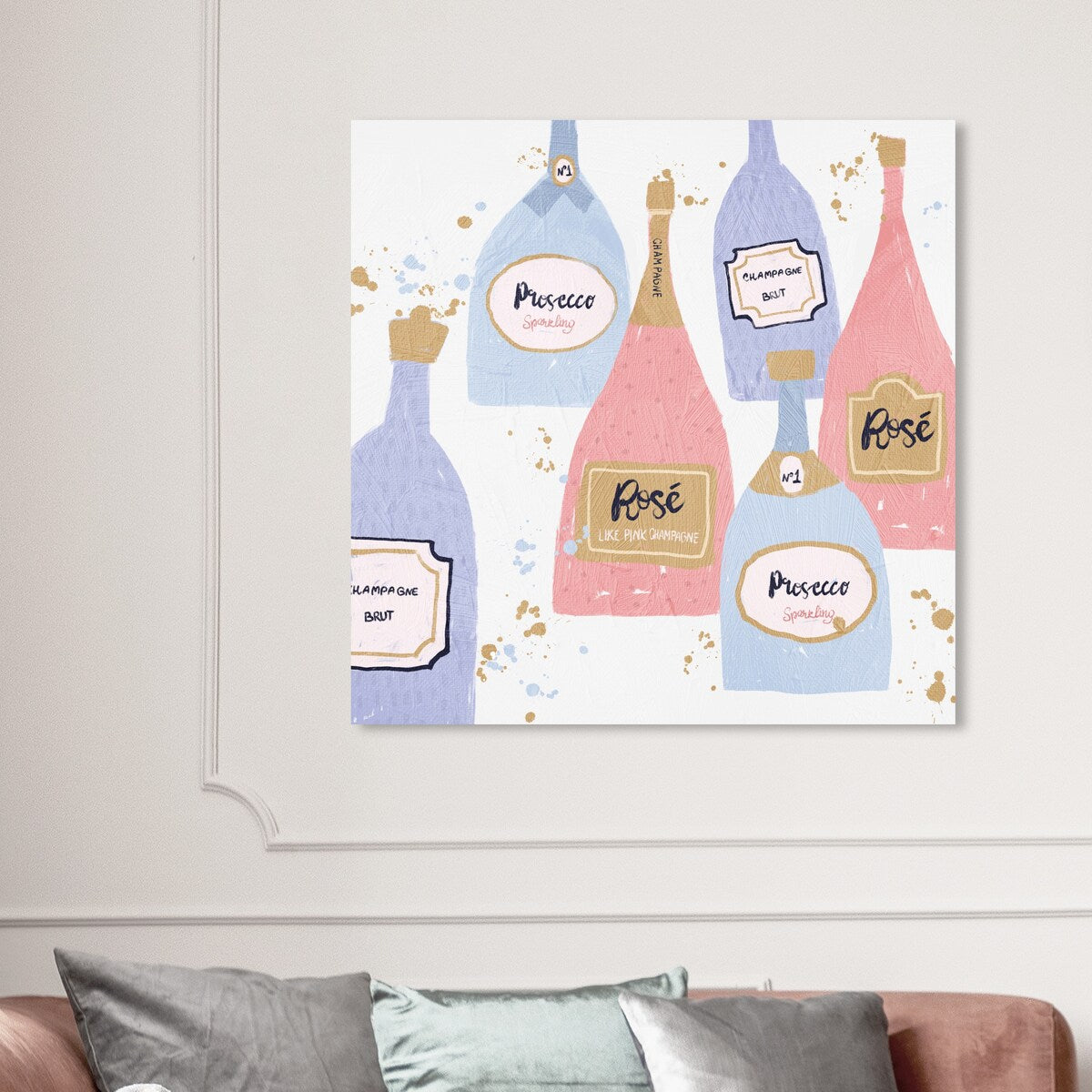 "Drinks for Both", French Sparky Bubbles Modern Pink Canvas Wall Art Print for Dining Room
