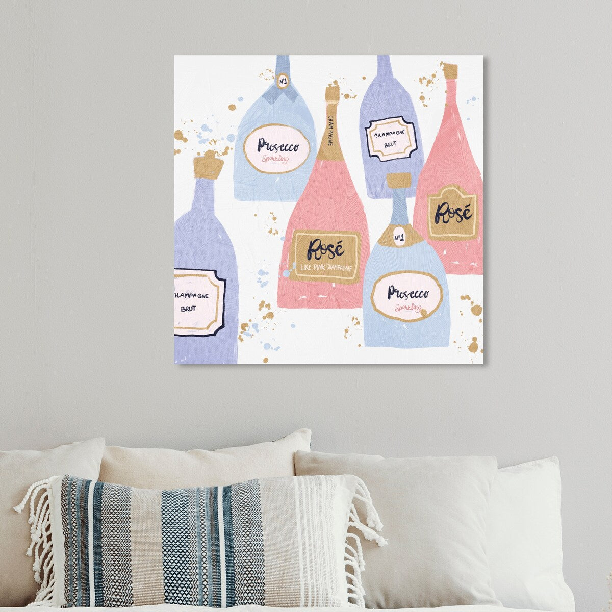 "Drinks for Both", French Sparky Bubbles Modern Pink Canvas Wall Art Print for Dining Room