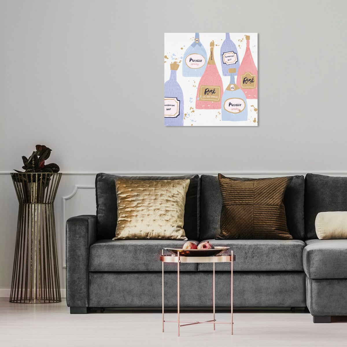 "Drinks for Both", French Sparky Bubbles Modern Pink Canvas Wall Art Print for Dining Room