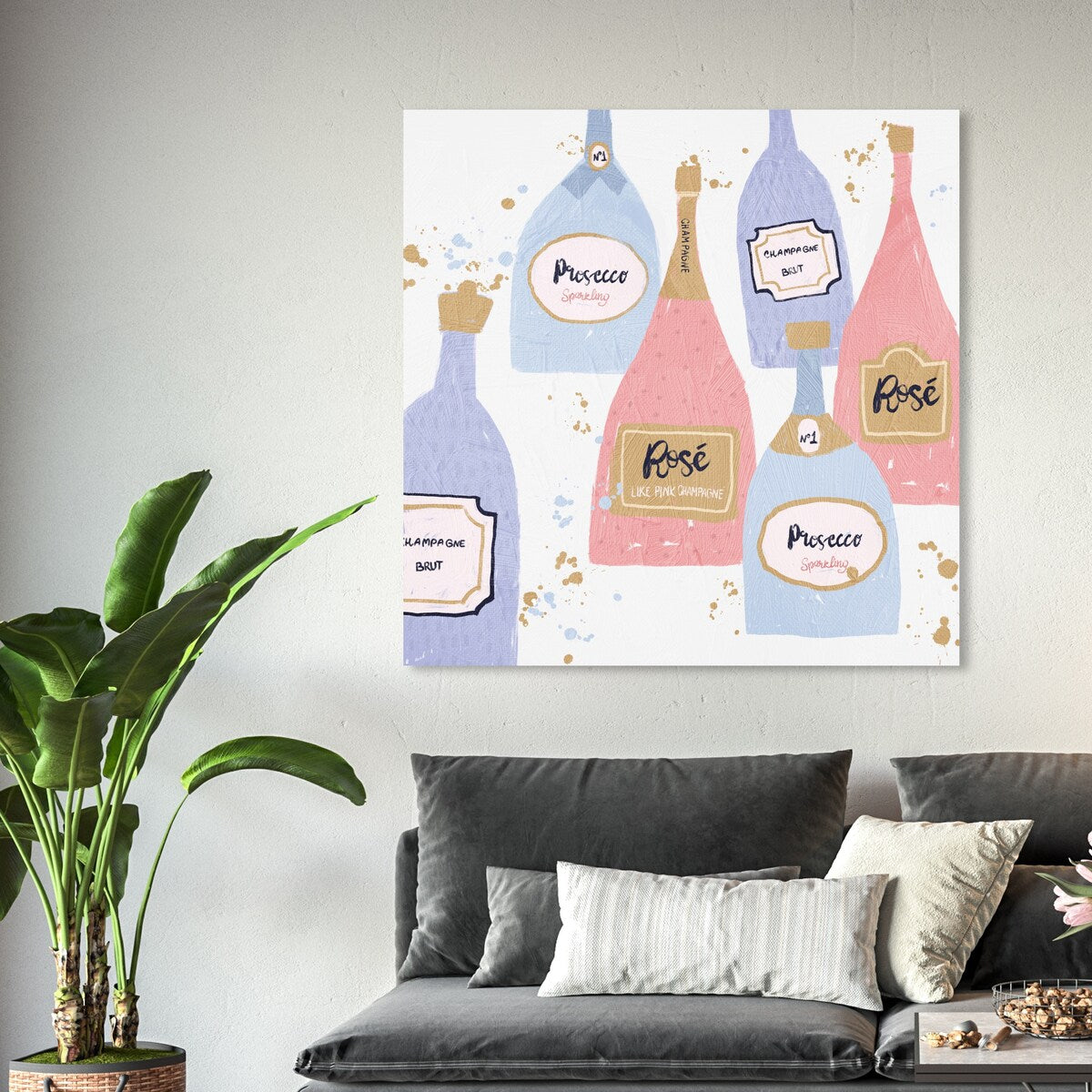 "Drinks for Both", French Sparky Bubbles Modern Pink Canvas Wall Art Print for Dining Room
