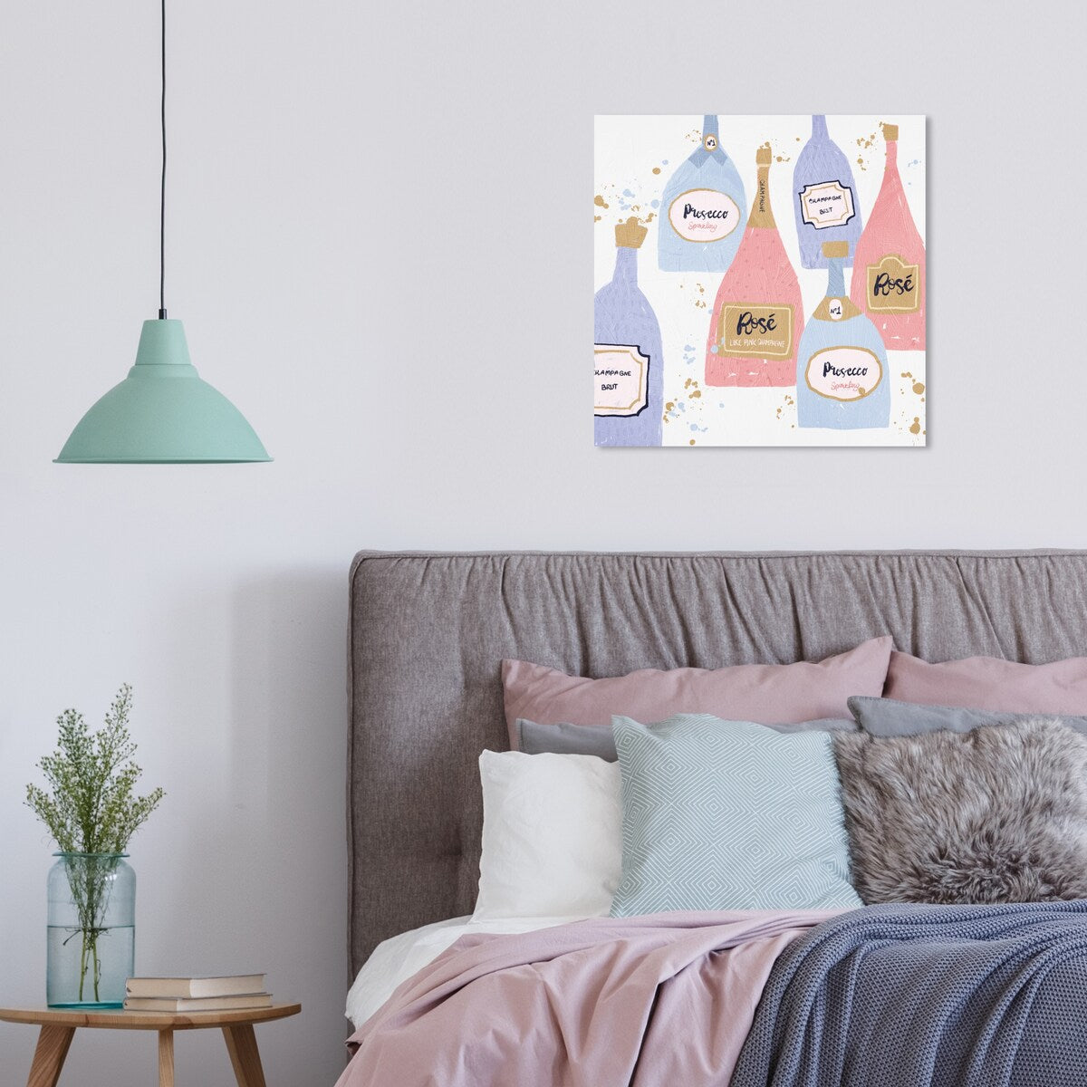"Drinks for Both", French Sparky Bubbles Modern Pink Canvas Wall Art Print for Dining Room