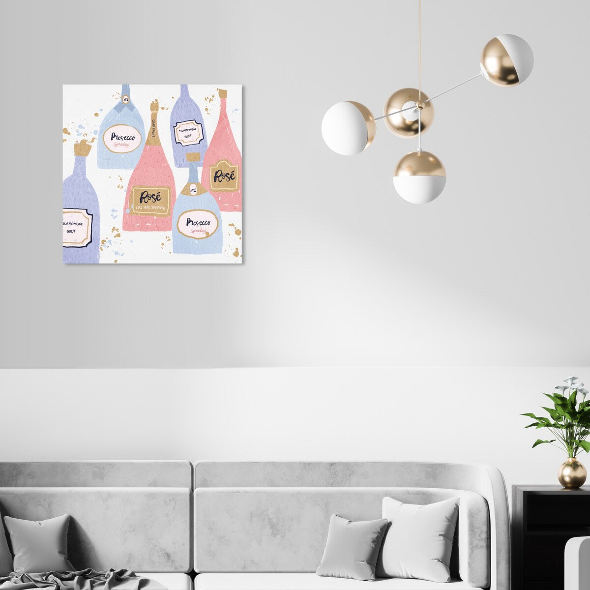 "Drinks for Both", French Sparky Bubbles Modern Pink Canvas Wall Art Print for Dining Room