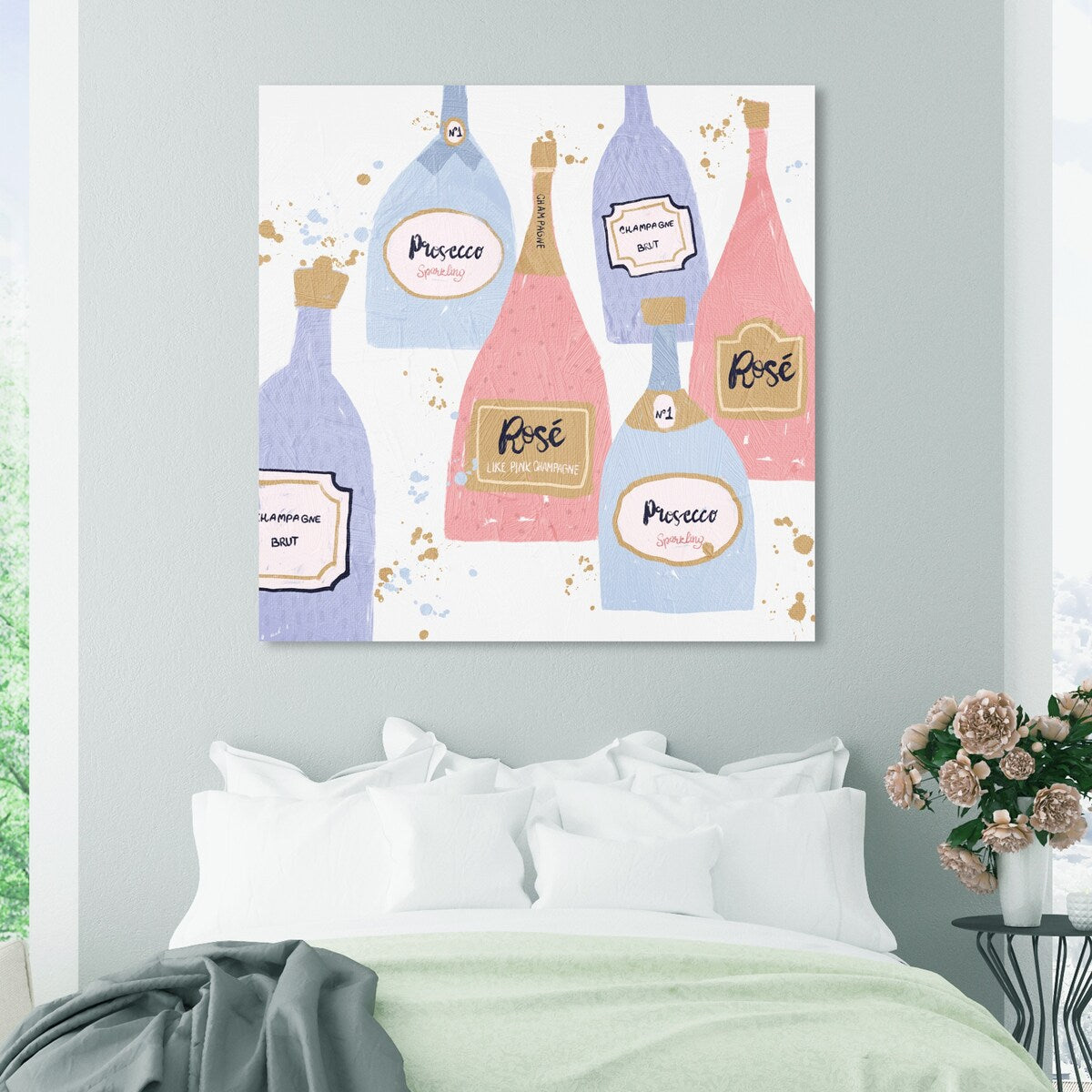 "Drinks for Both", French Sparky Bubbles Modern Pink Canvas Wall Art Print for Dining Room