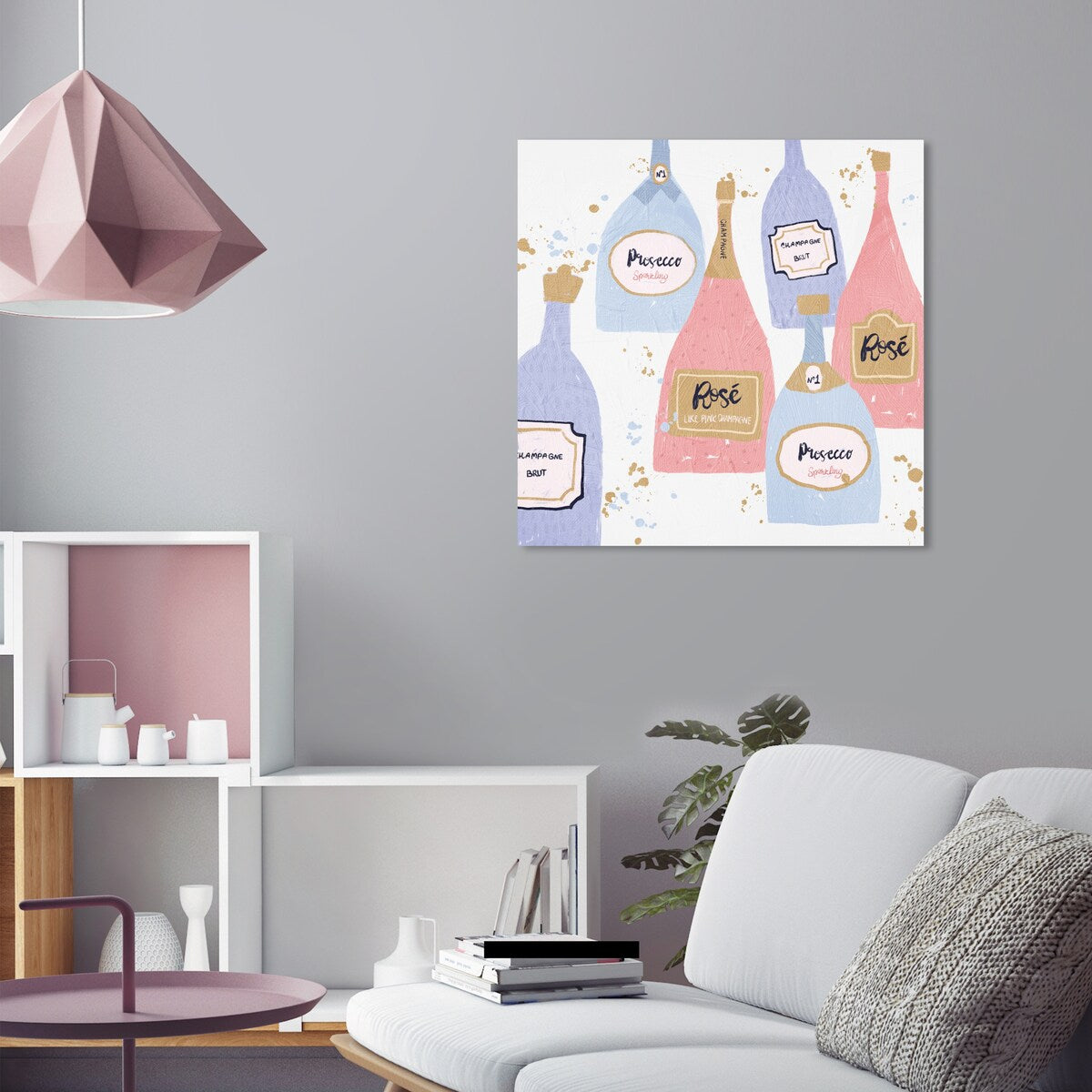 "Drinks for Both", French Sparky Bubbles Modern Pink Canvas Wall Art Print for Dining Room
