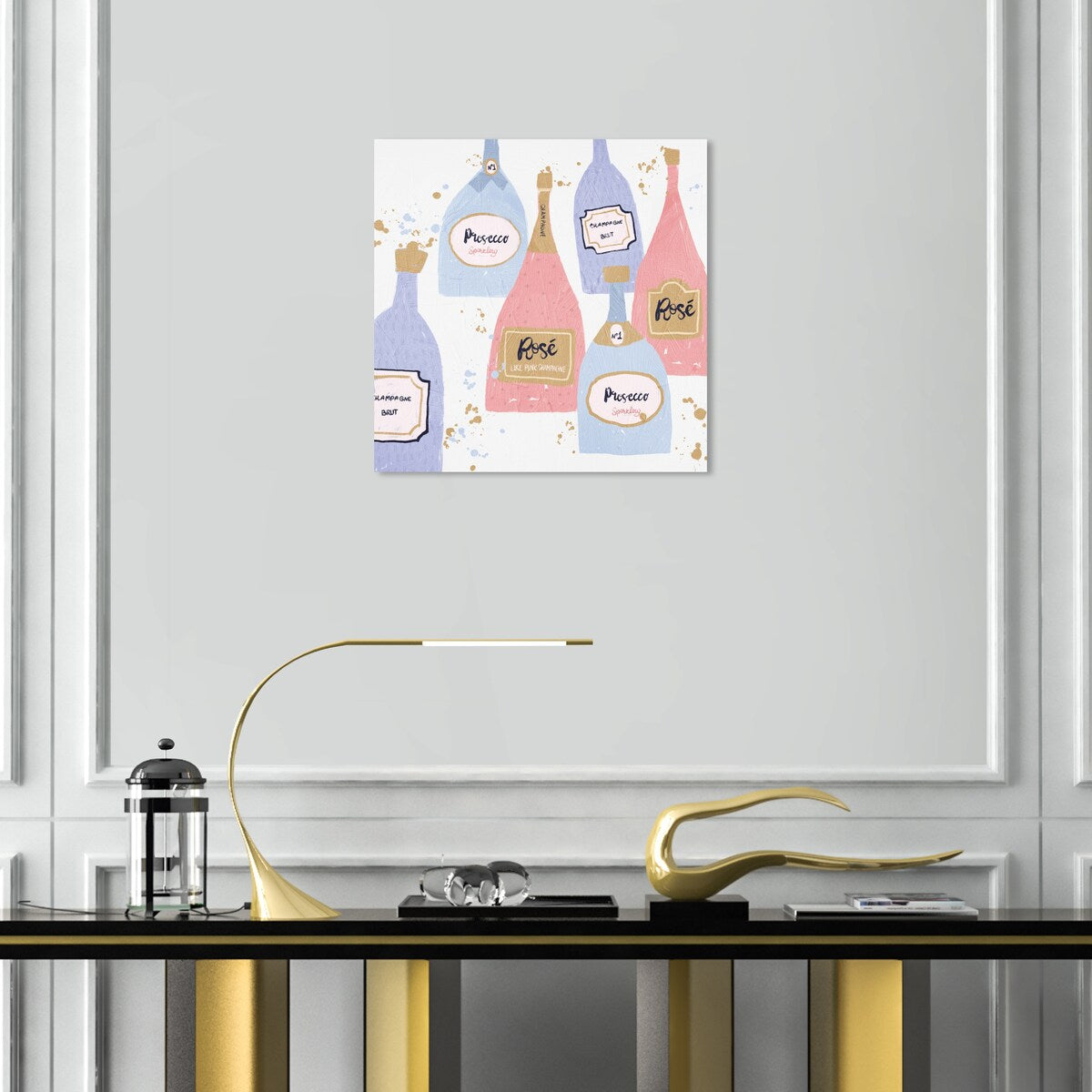 "Drinks for Both", French Sparky Bubbles Modern Pink Canvas Wall Art Print for Dining Room