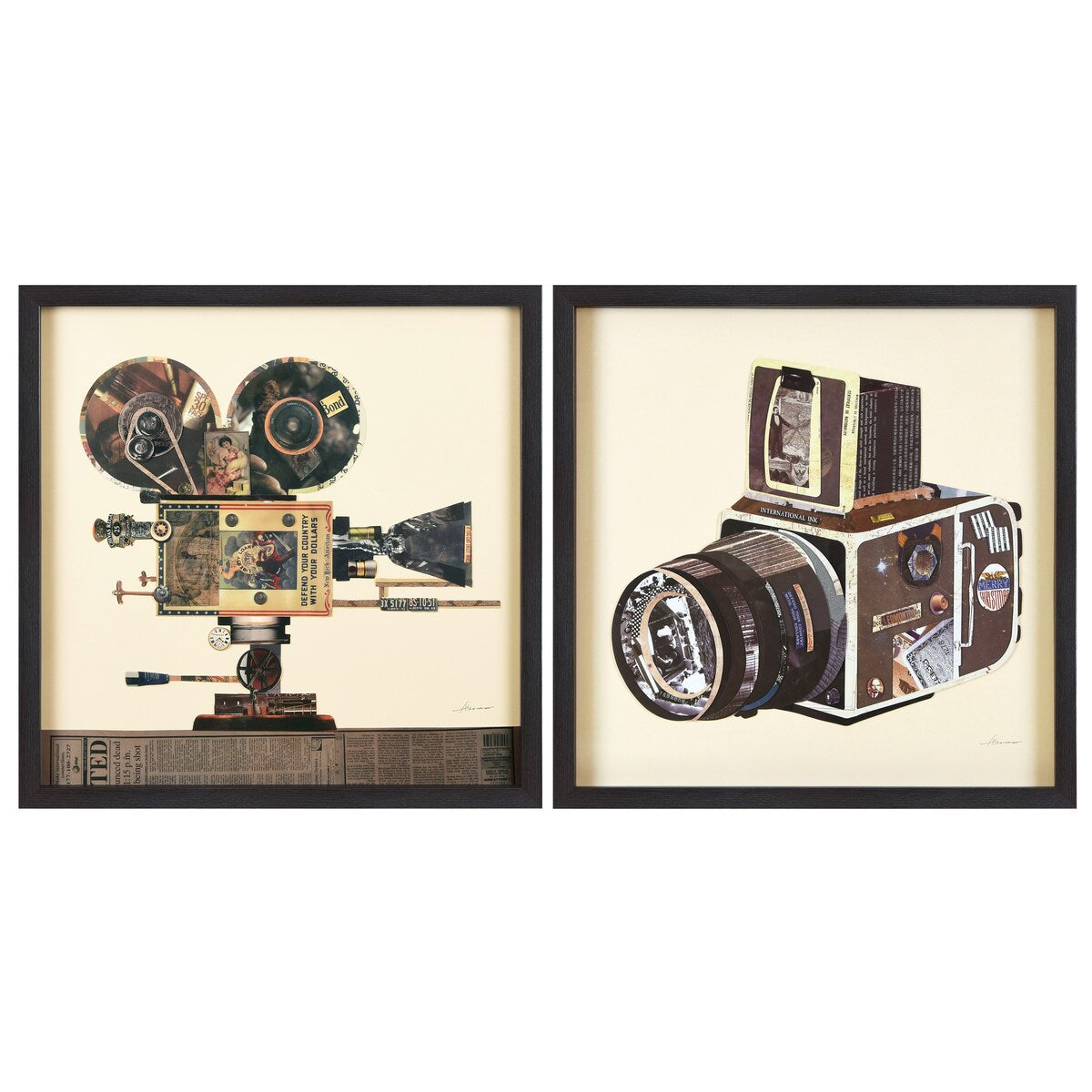 "Film Projector & Camera" Alex Zeng's dimensional collage, under glass & a black shadow box frame