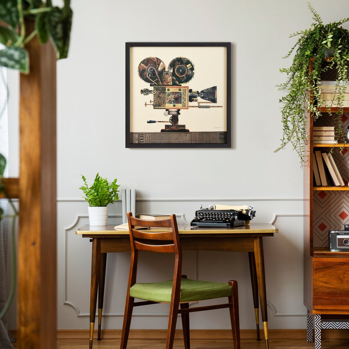 "Film Projector & Camera" Alex Zeng's dimensional collage, under glass & a black shadow box frame