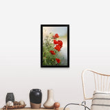 "Flanders poppy with sun flare." Black Framed Print