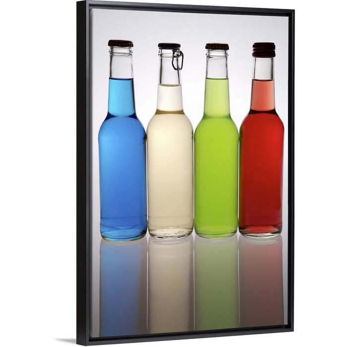 "Four cocktails in glass bottles, lined up in a row" Black Float Frame Canvas Art