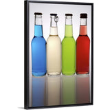 "Four cocktails in glass bottles, lined up in a row" Black Float Frame Canvas Art