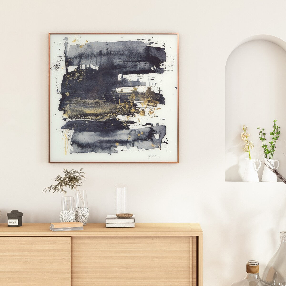 "Gray Golden Hues 2" Glass Art Metal Rose Gold Frame Wall Art