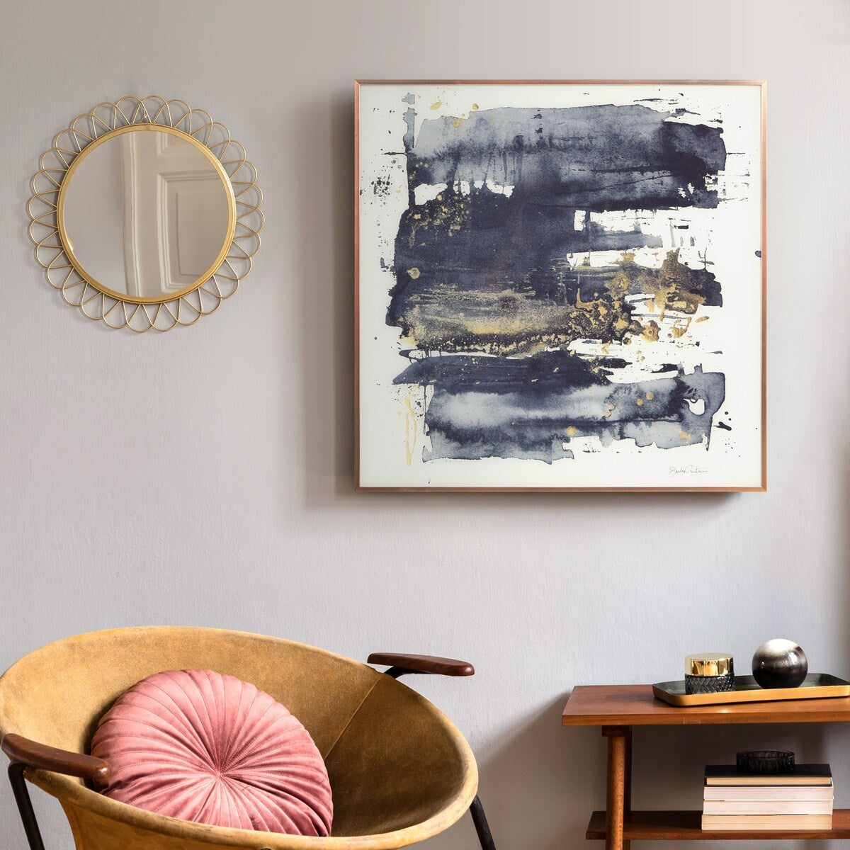 "Gray Golden Hues 2" Glass Art Metal Rose Gold Frame Wall Art