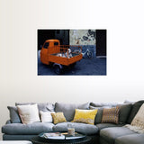 "Great Dane dog in the back of tiny orange 3-wheeled truck in Lucca, Tuscany, " Poster Print - Multi