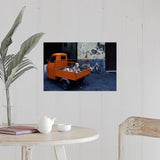 "Great Dane dog in the back of tiny orange 3-wheeled truck in Lucca, Tuscany, " Poster Print - Multi