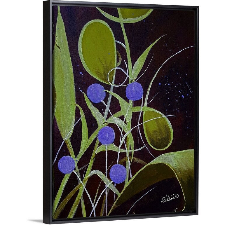"Green Purple And Blue Abstract Plant" Black Float Frame Canvas Art