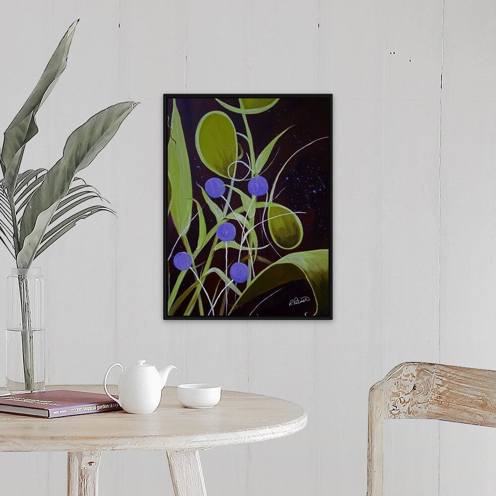 "Green Purple And Blue Abstract Plant" Black Float Frame Canvas Art
