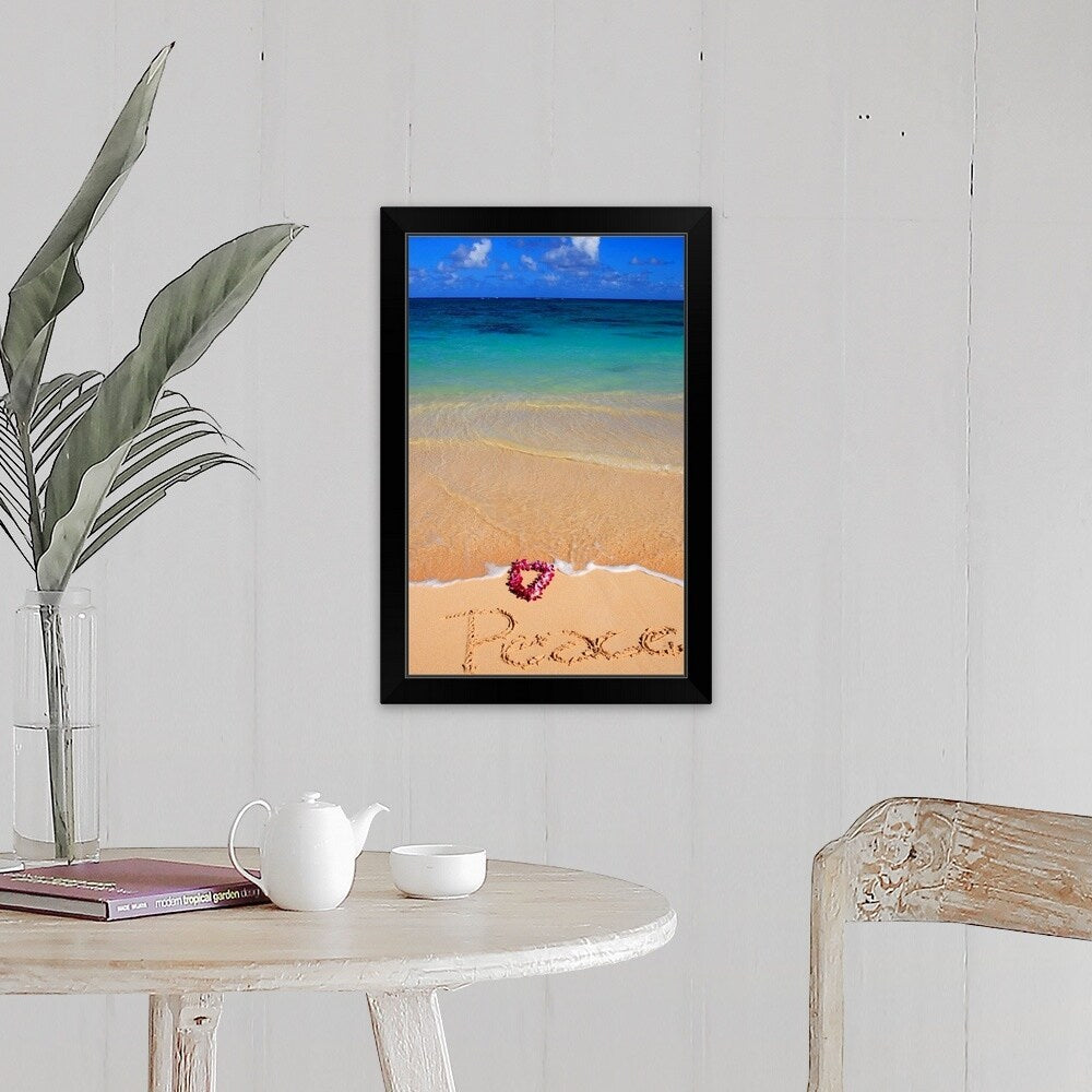 "Hawaii, Turquoise ocean waters, foaming shore water, orchid lei" Black Framed Print