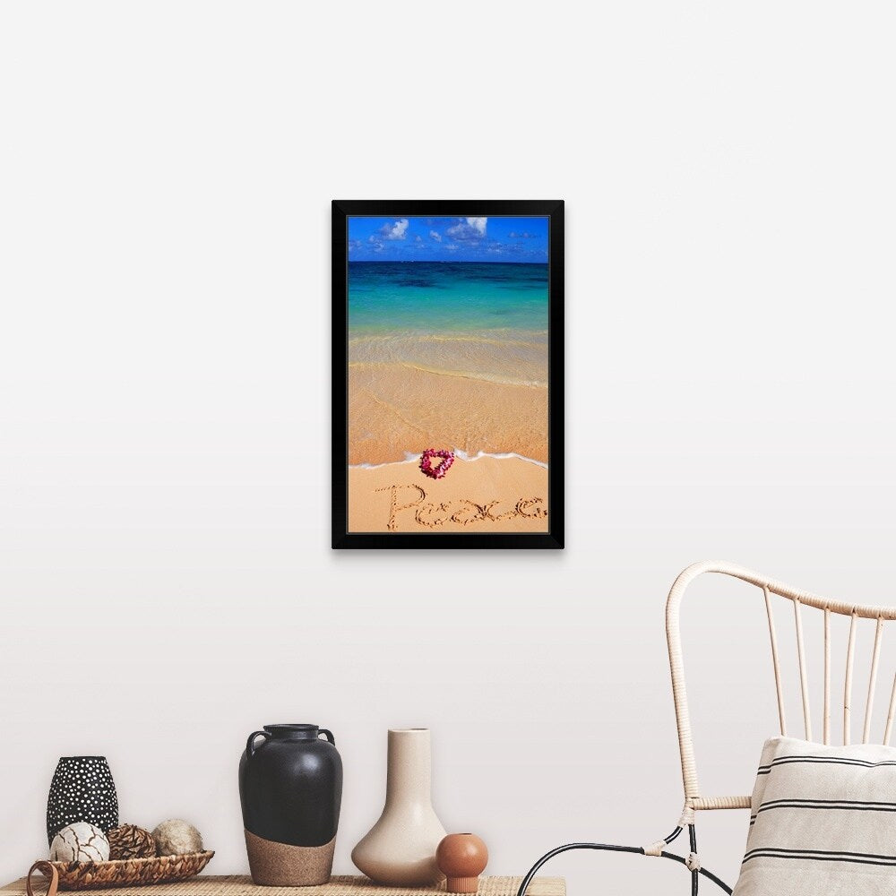 "Hawaii, Turquoise ocean waters, foaming shore water, orchid lei" Black Framed Print