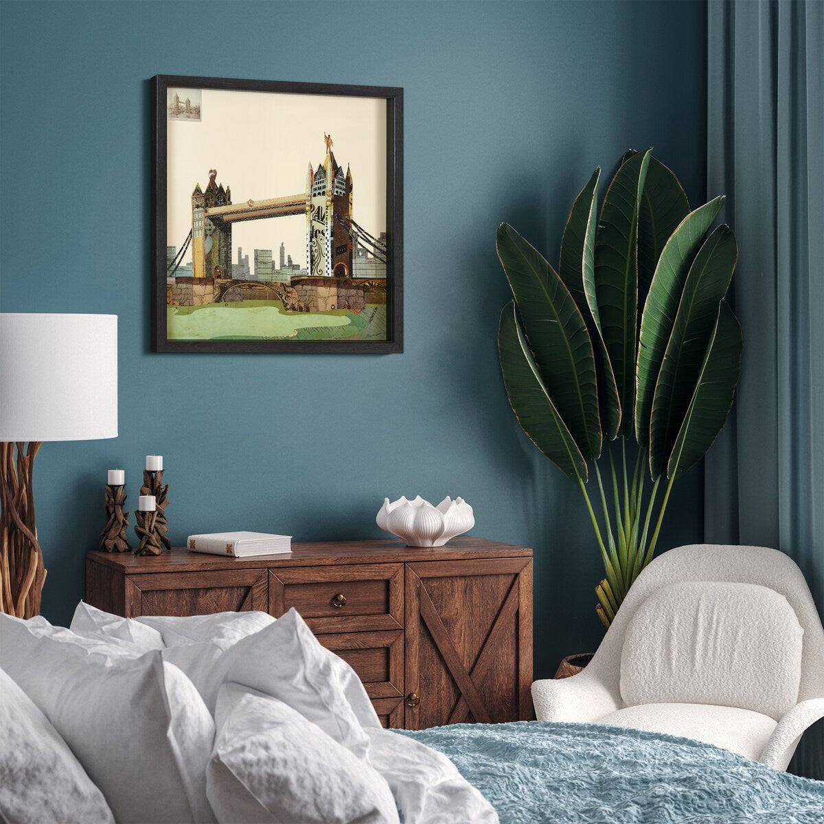 "London Bridge" Hand-made Dimensional Wall Art Collage, under glass, encased on a black shadow box frame
