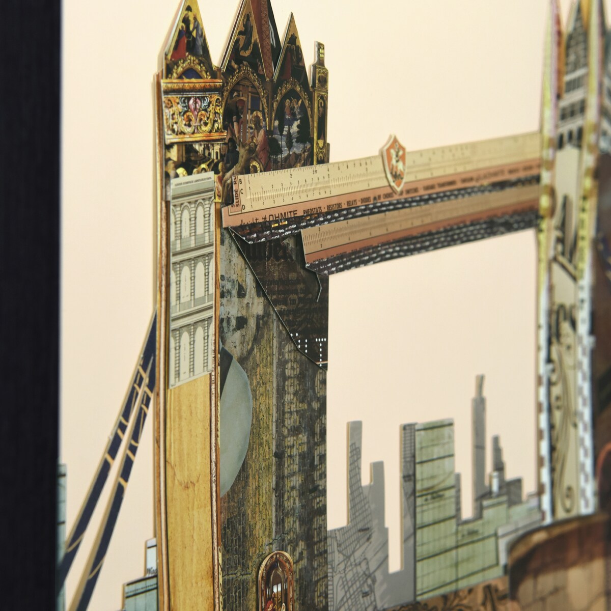 "London Bridge" Hand-made Dimensional Wall Art Collage, under glass, encased on a black shadow box frame