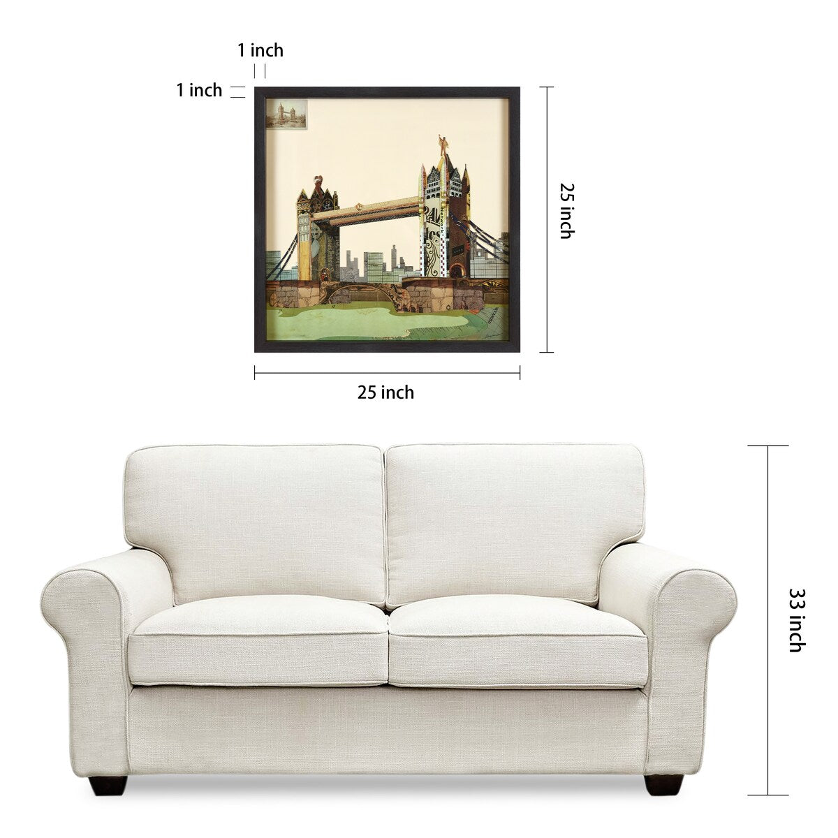 "London Bridge" Hand-made Dimensional Wall Art Collage, under glass, encased on a black shadow box frame