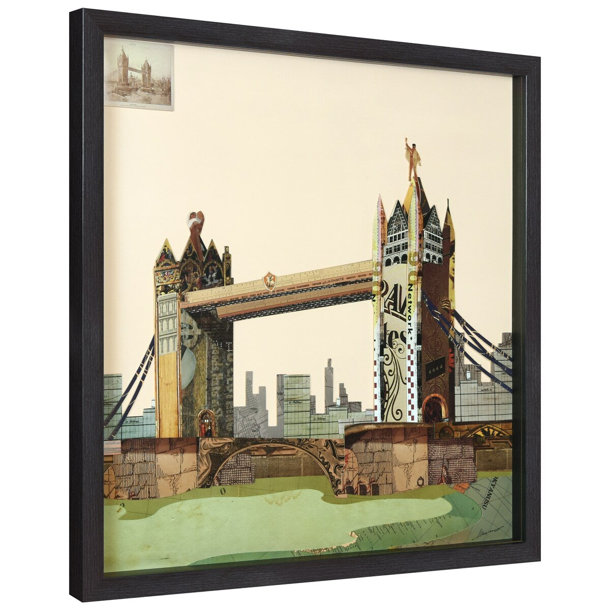 "London Bridge" Hand-made Dimensional Wall Art Collage, under glass, encased on a black shadow box frame