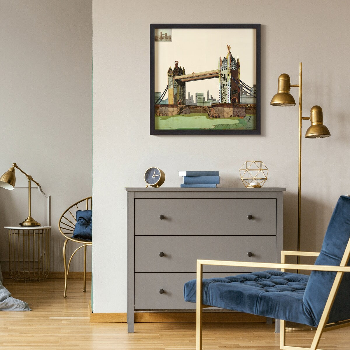 "London Bridge" Hand-made Dimensional Wall Art Collage, under glass, encased on a black shadow box frame