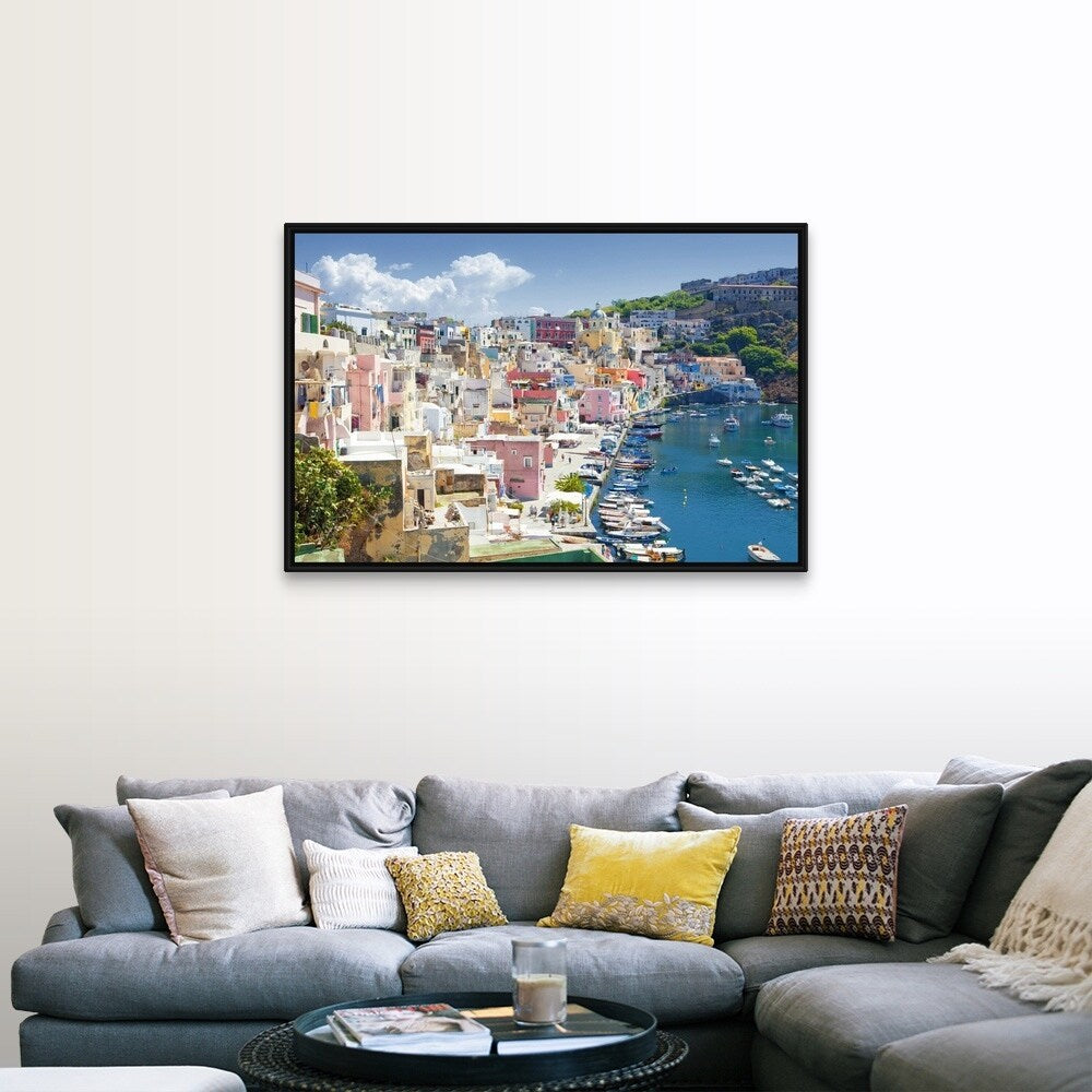 "Marina Corricella, Procida Island, Bay of Naples, Campania, Italy" Black Float Frame Canvas Art