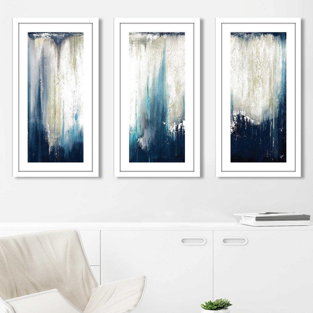 "Navy Blue Illusion I" by Patricia Pinto 3 Piece on White Aluminum