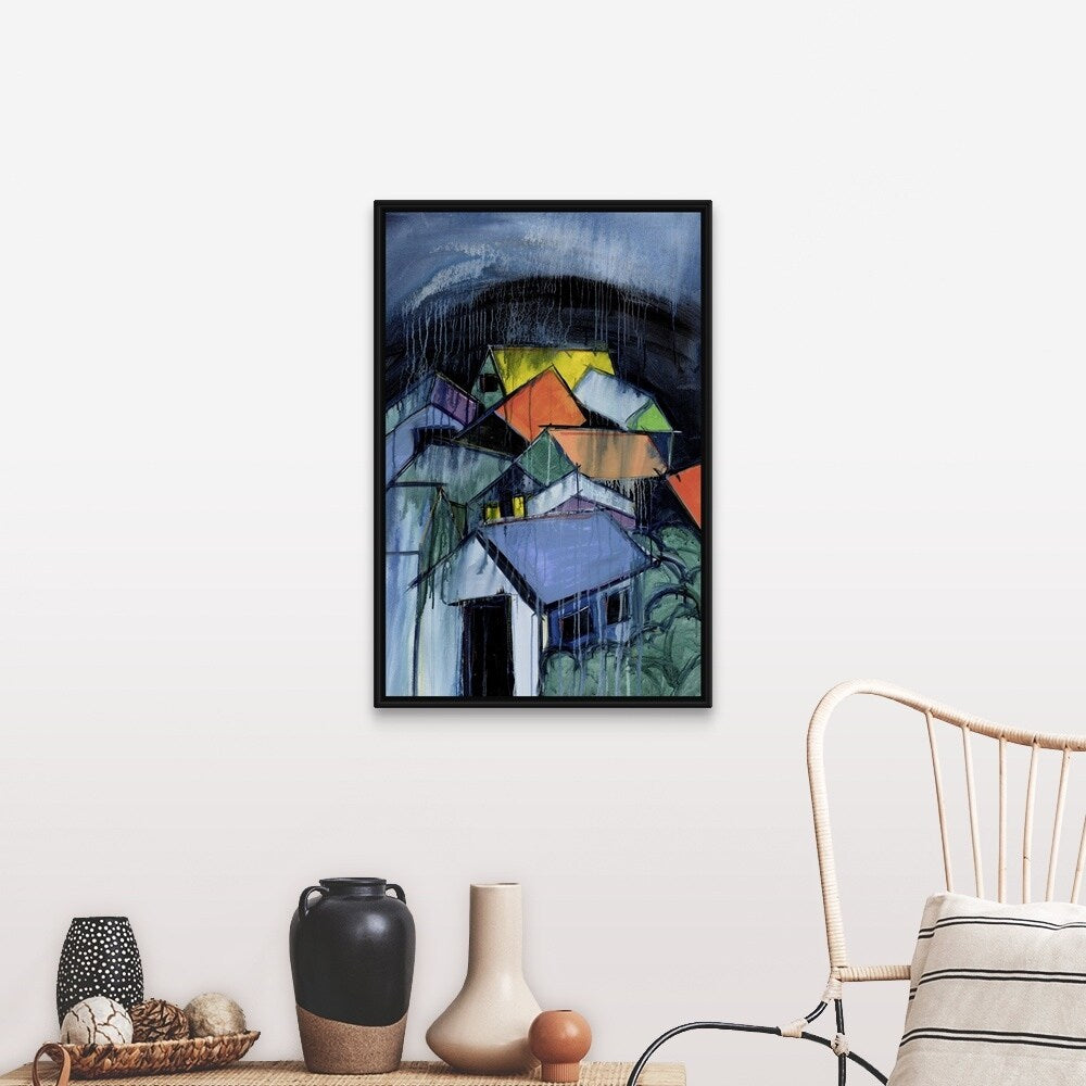 "Night Falls in Suburbia" Black Float Frame Canvas Art