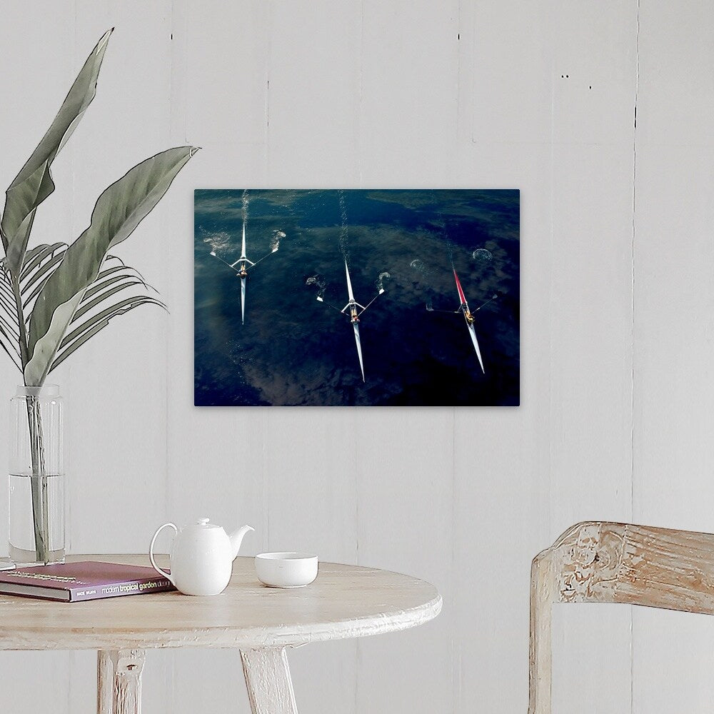 "People rowing sculling boats on river" Canvas Wall Art